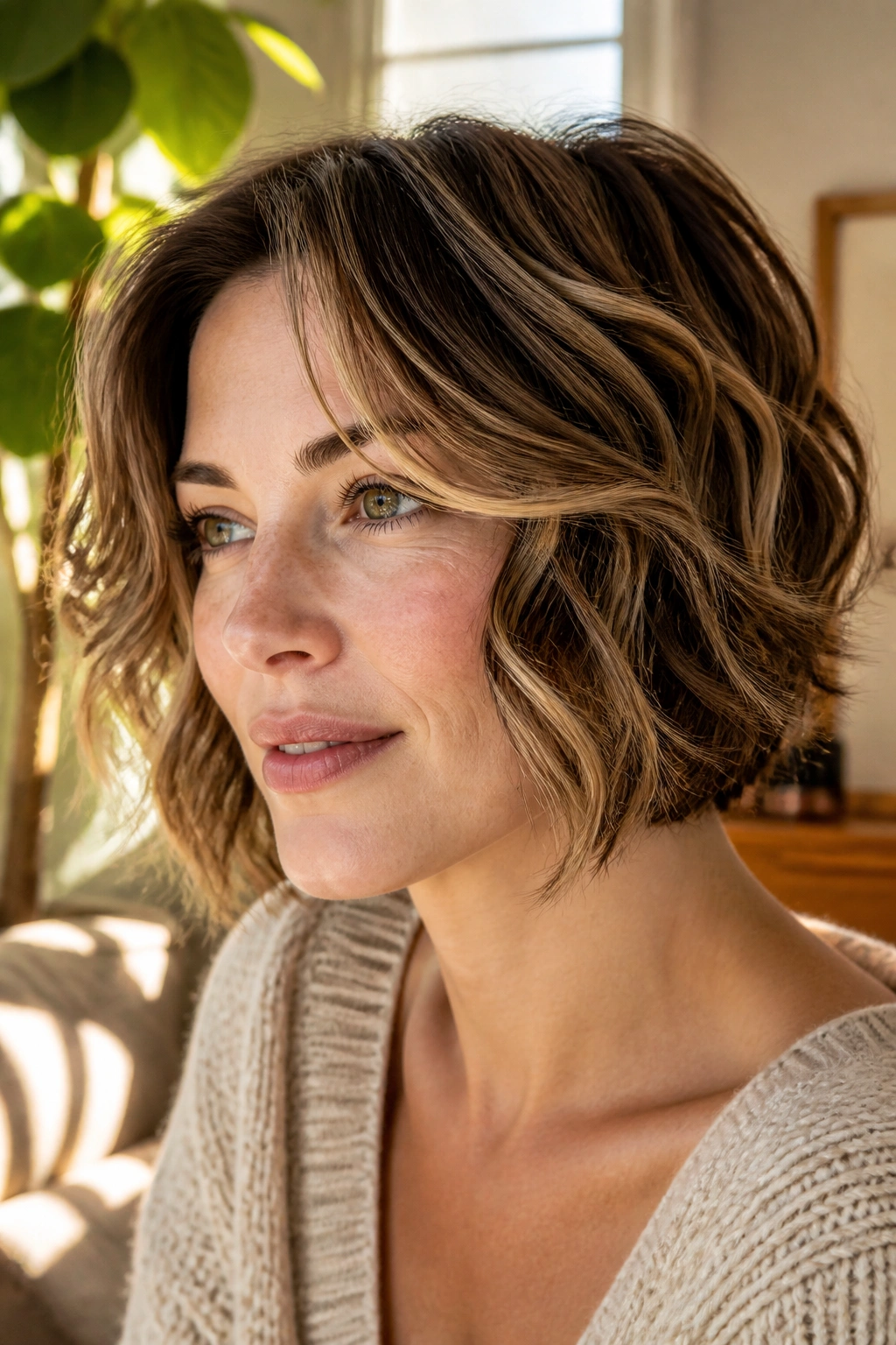 Real woman with highlighted wavy bob showing dimension and face-framing light