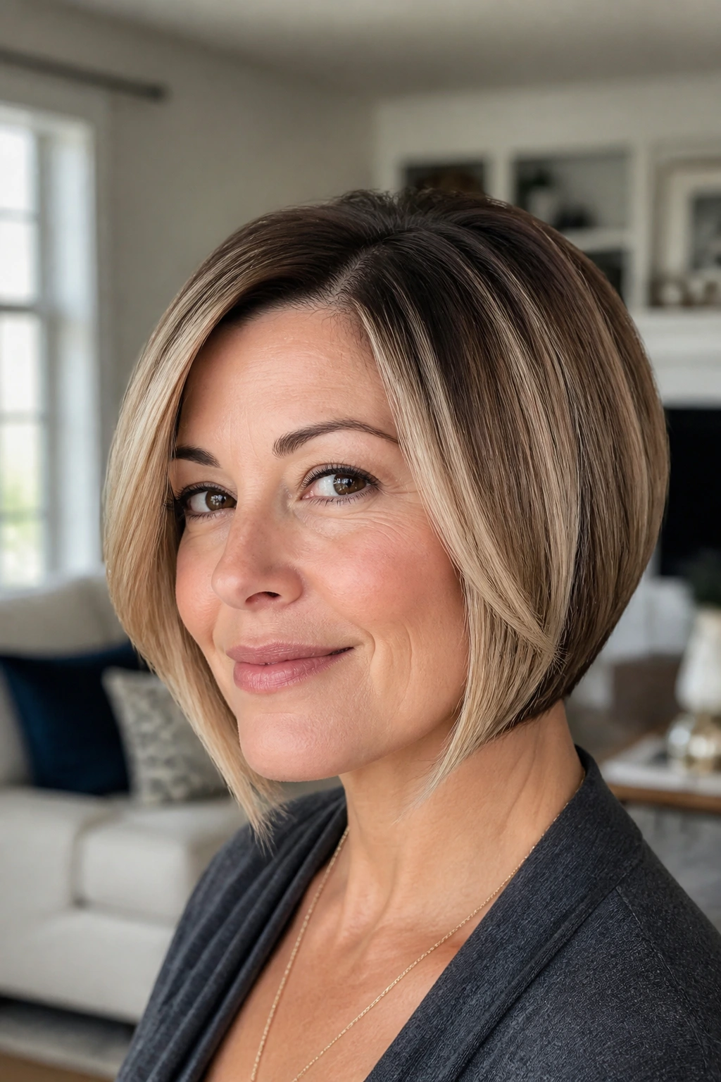 Real woman with blended highlights in a graduated bob emphasizing facial elongation