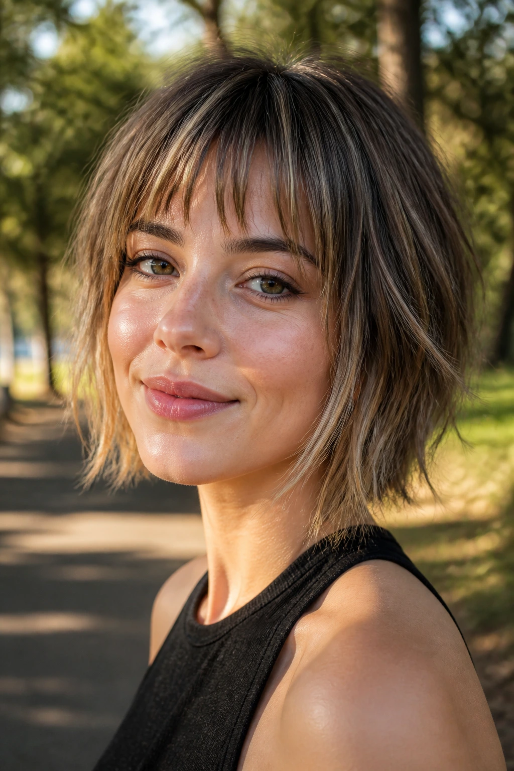 Close-up of a real woman with highlighted choppy bangs in a sunny park.
