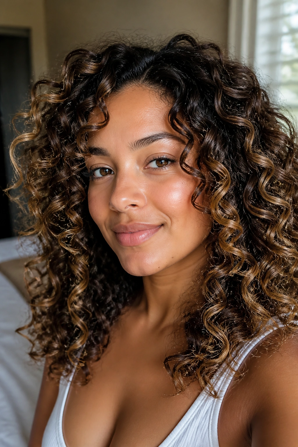Close-up of highlighted curls with glossy caramel finish on a real person