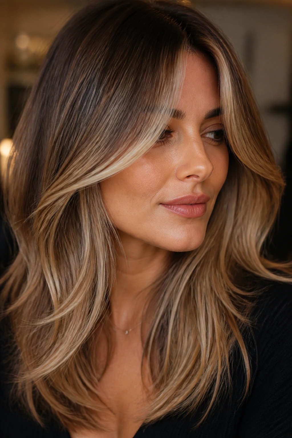 Woman with soft curtain fringe and highlights around the face.