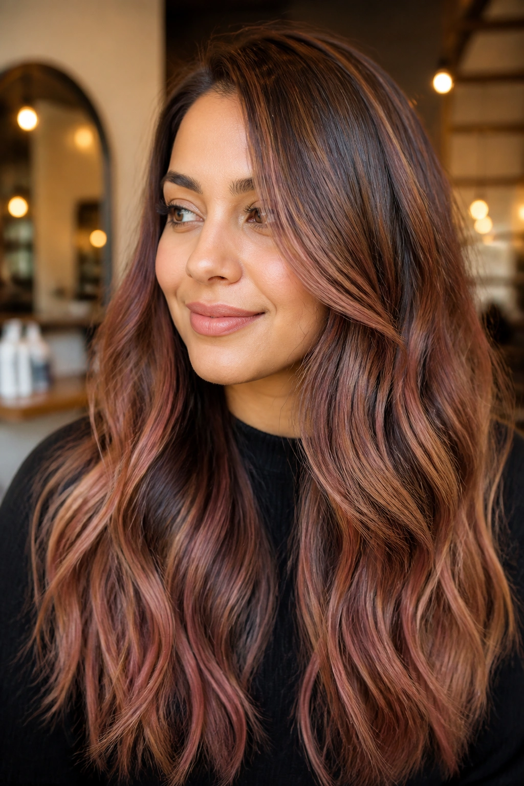 Portrait showing hair with highlights, lowlights, and babylights on brown hair