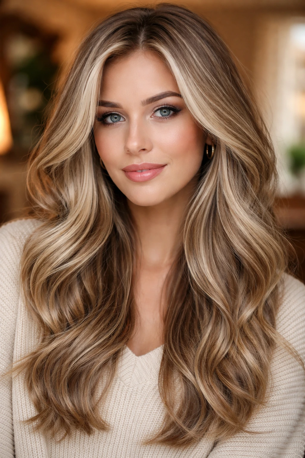 Close-up of a real woman with champagne highlights and lowlights for dimension