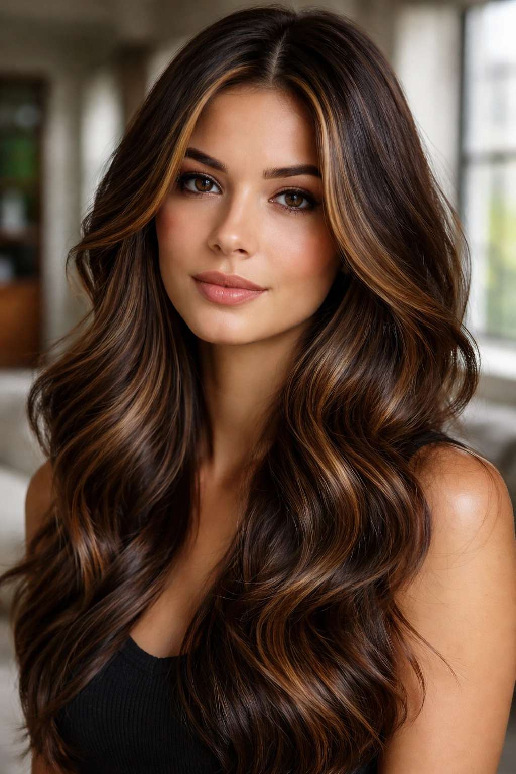 Brunette hair showing distinct highlights and lowlights for dimension