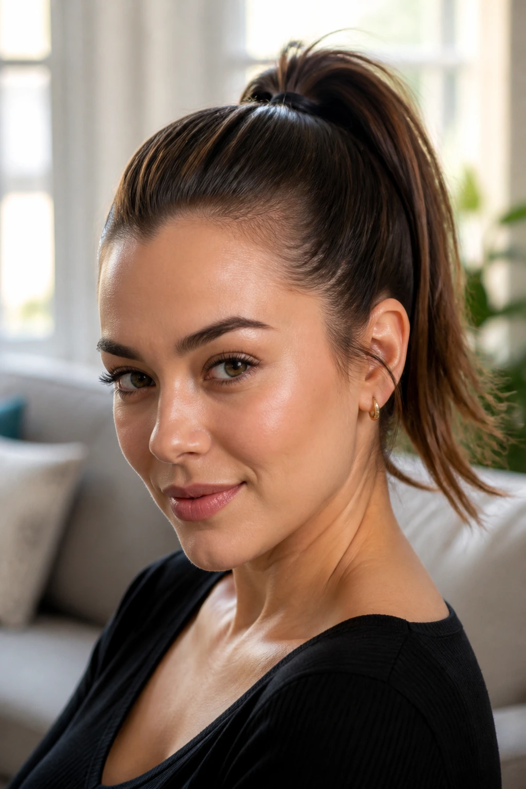Close-up of a real woman with a sleek high ponytail at the crown.