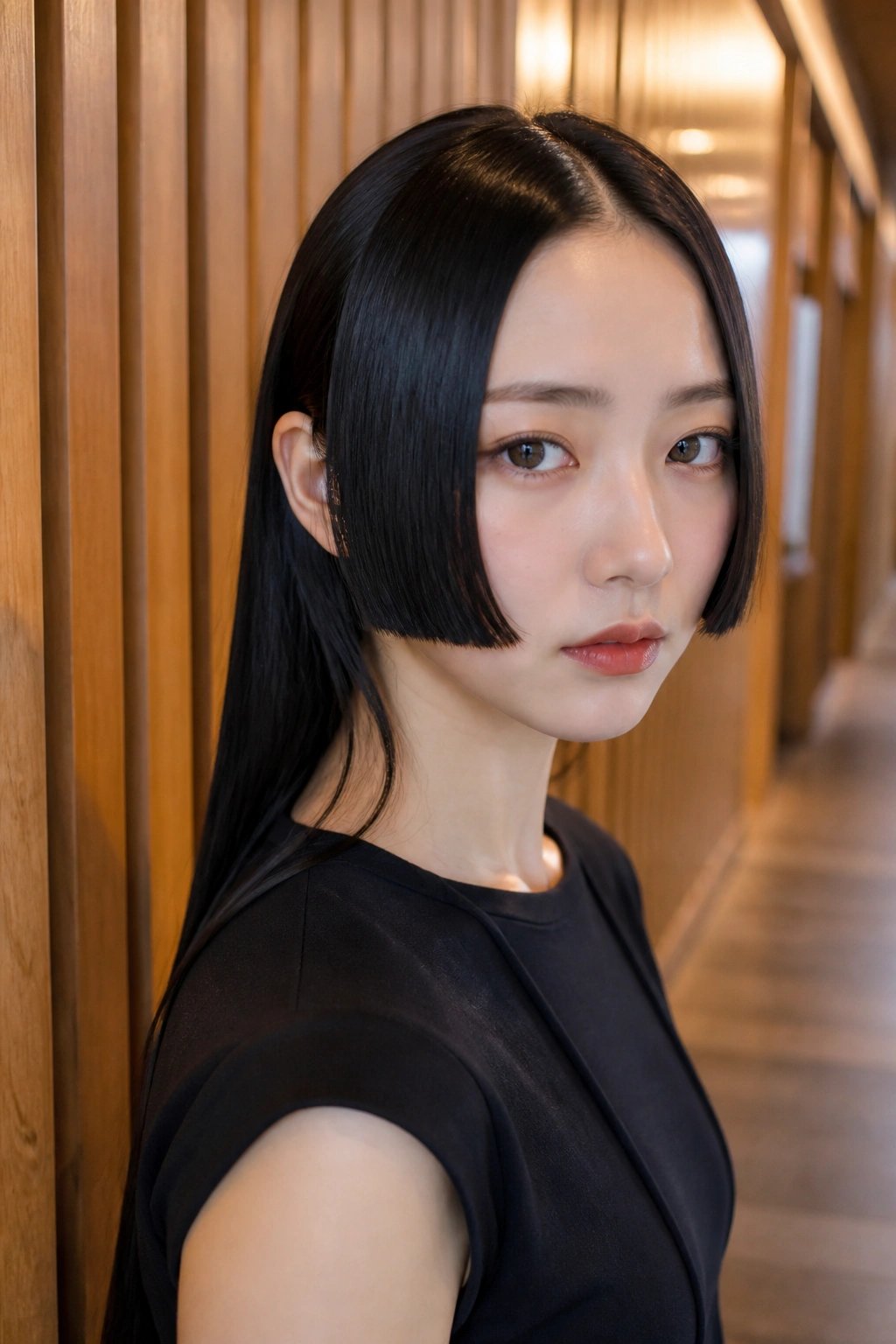 Close-up of a real person with a sharp Hime cut and blunt front pieces