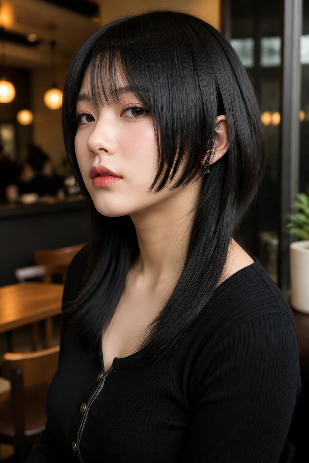 Close-up portrait of a real person with a softened Hime cut panels