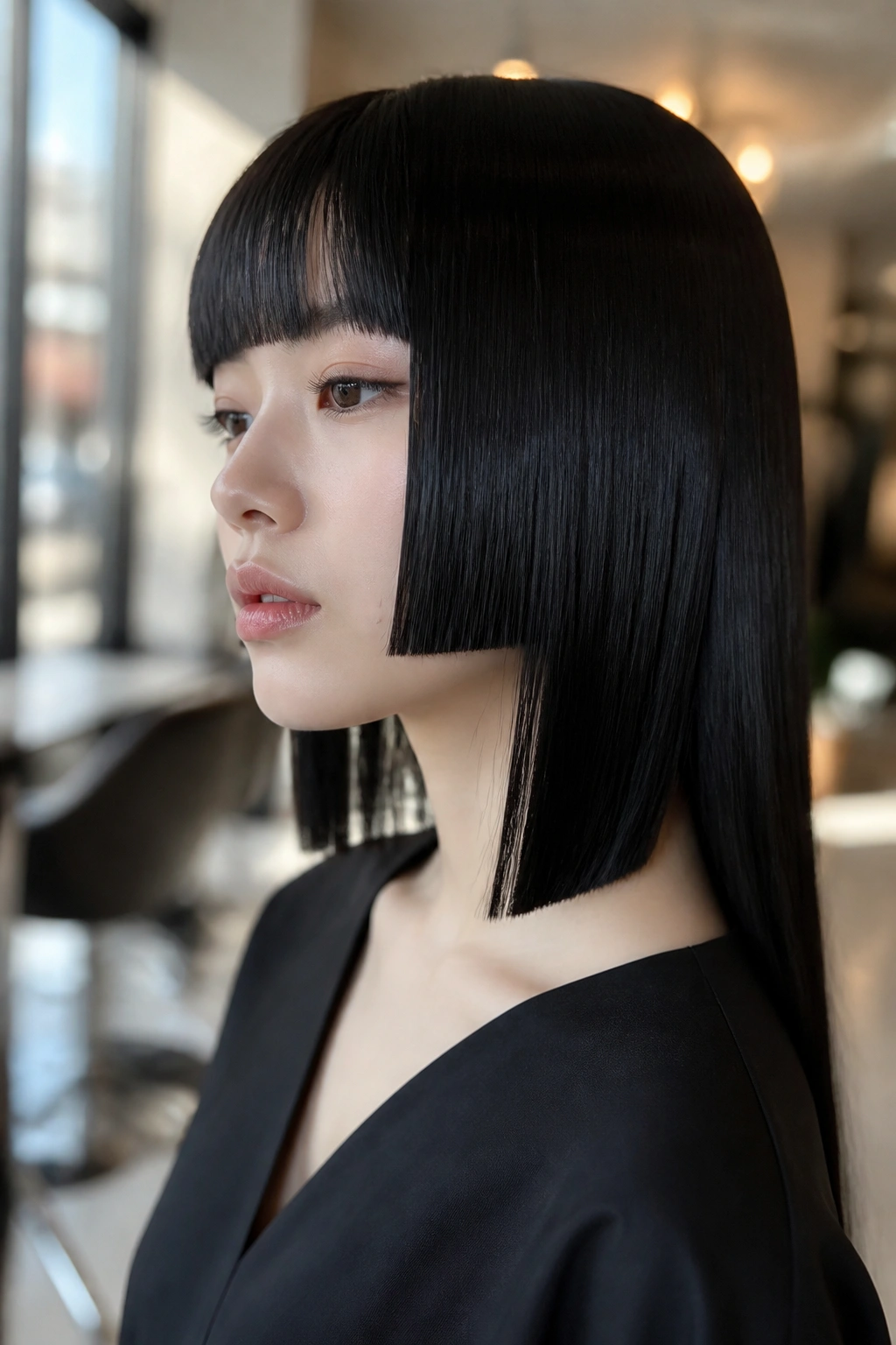 Close-up of real person with Hime-Inspired Straight Cut featuring sharp front panels and long back in a salon.