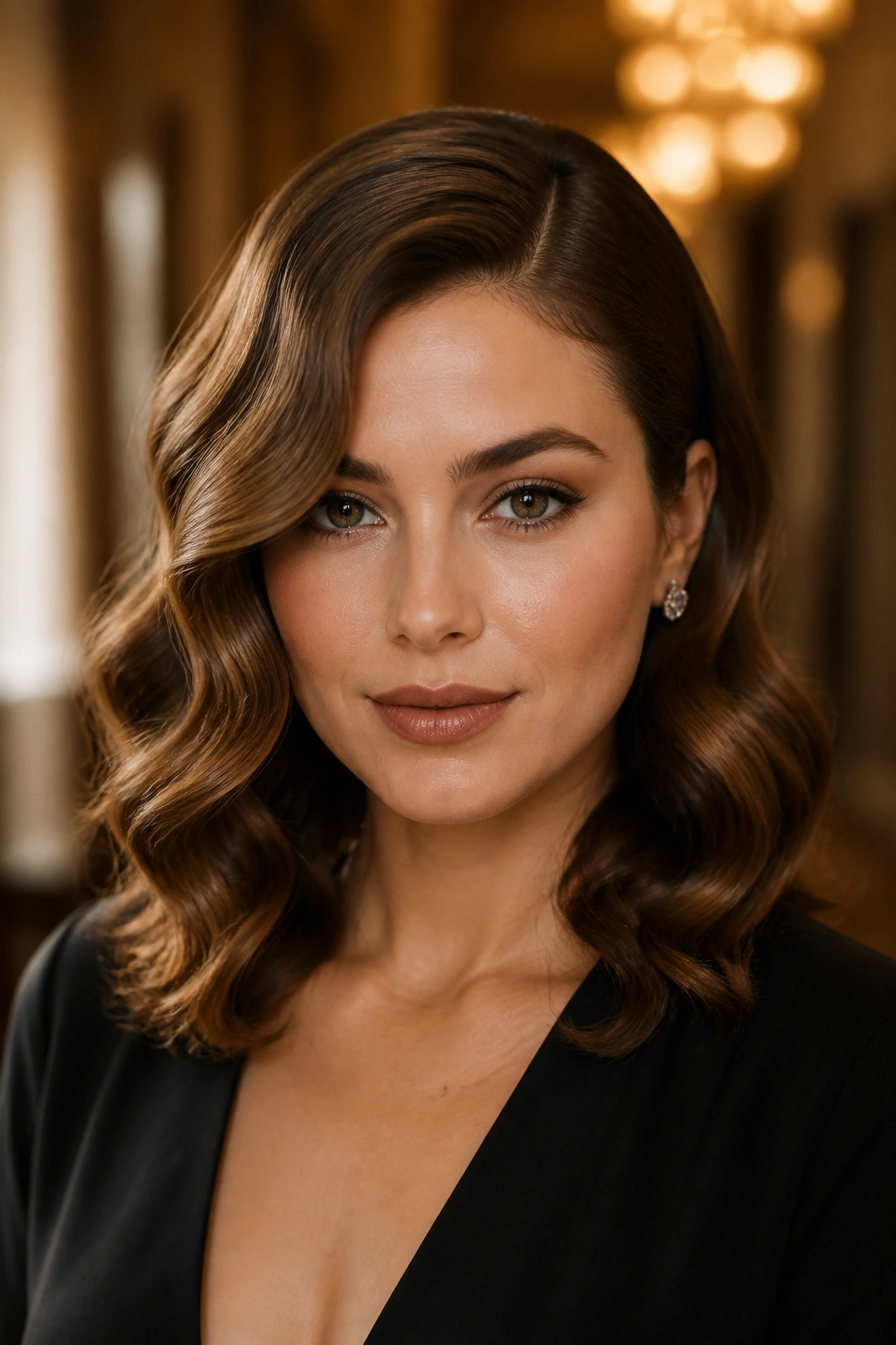 Real woman with Hollywood waves at medium length and a deep side part