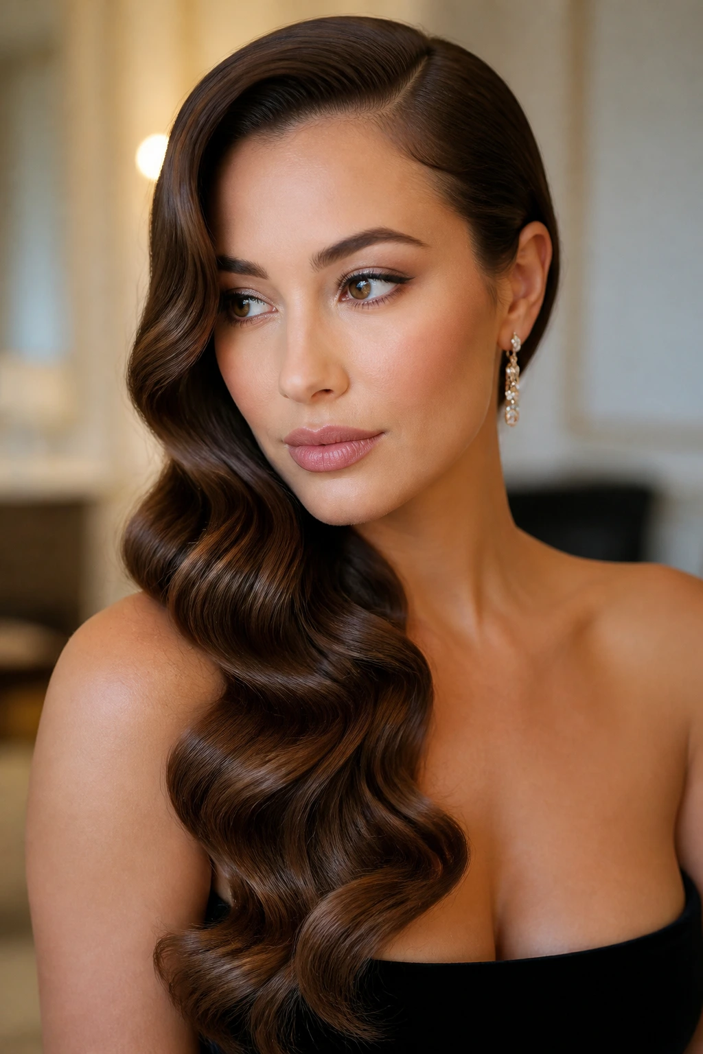 Close-up of a real woman with Hollywood waves swept to one shoulder