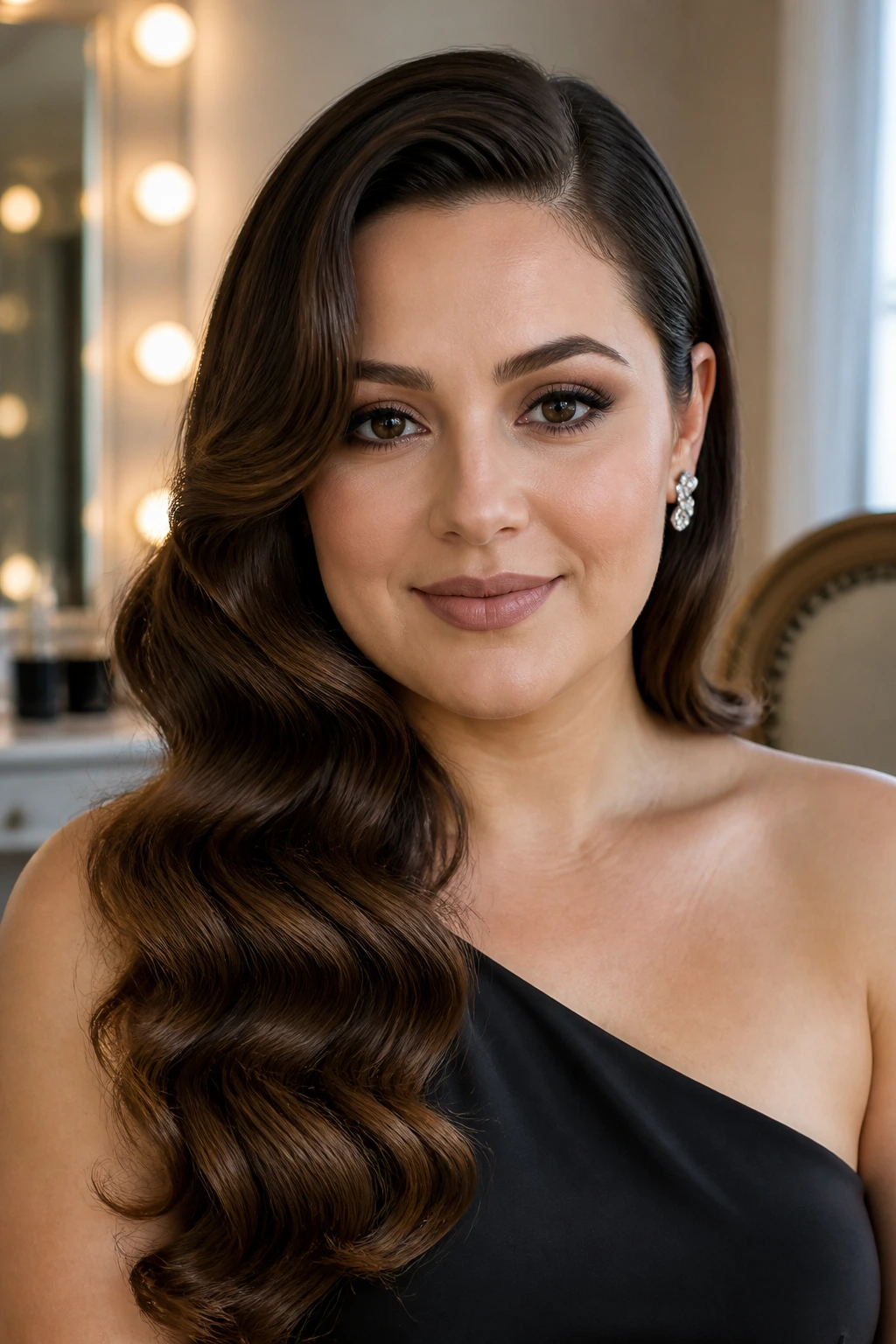 Close-up of a woman with Hollywood waves and deep side part