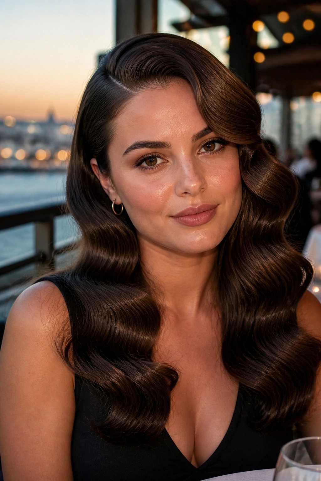 Real woman with Hollywood waves and a clean side part in warm outdoor setting