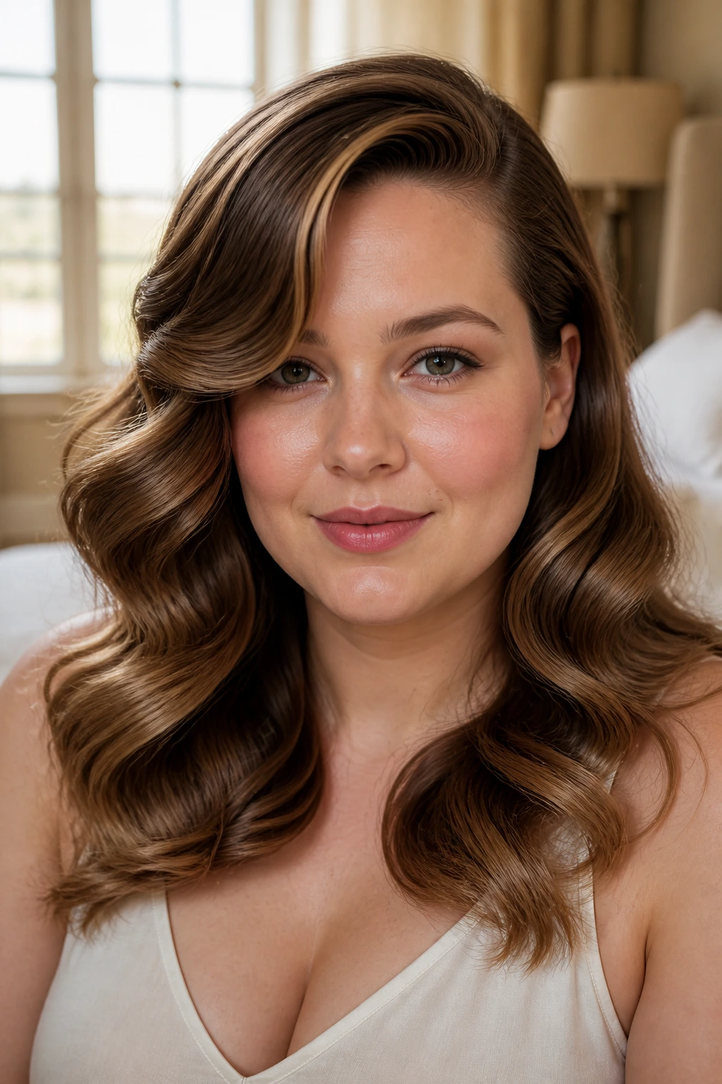 Close-up of a real woman with side-swept Hollywood waves framing her face.