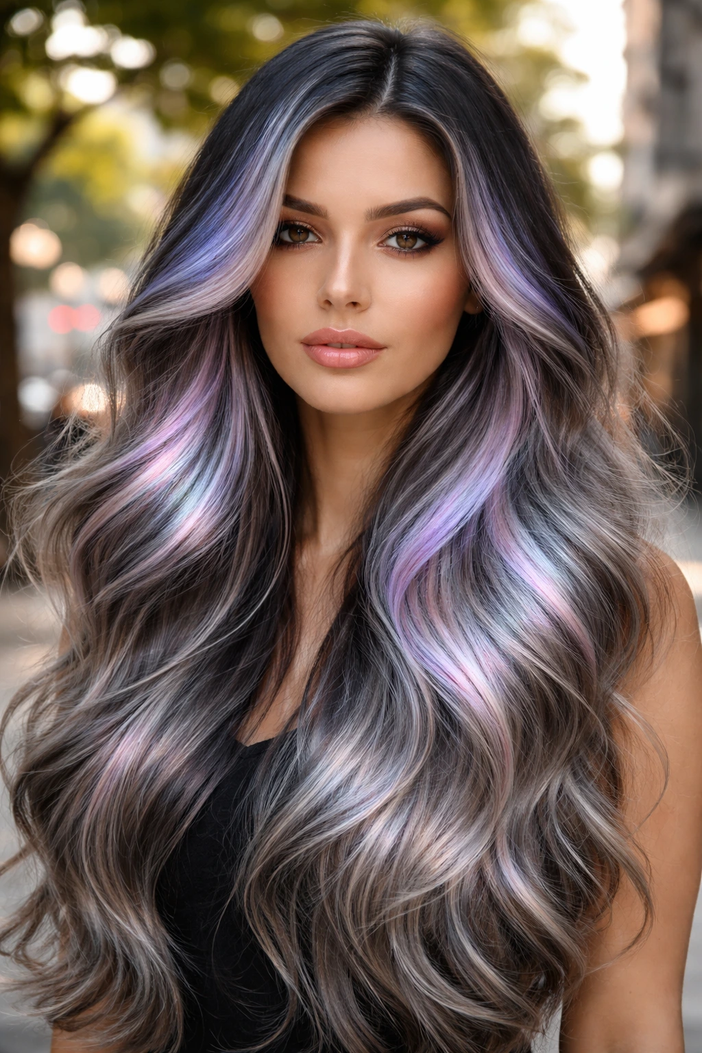Close-up portrait of a real woman with holographic gray ombre and iridescent highlights