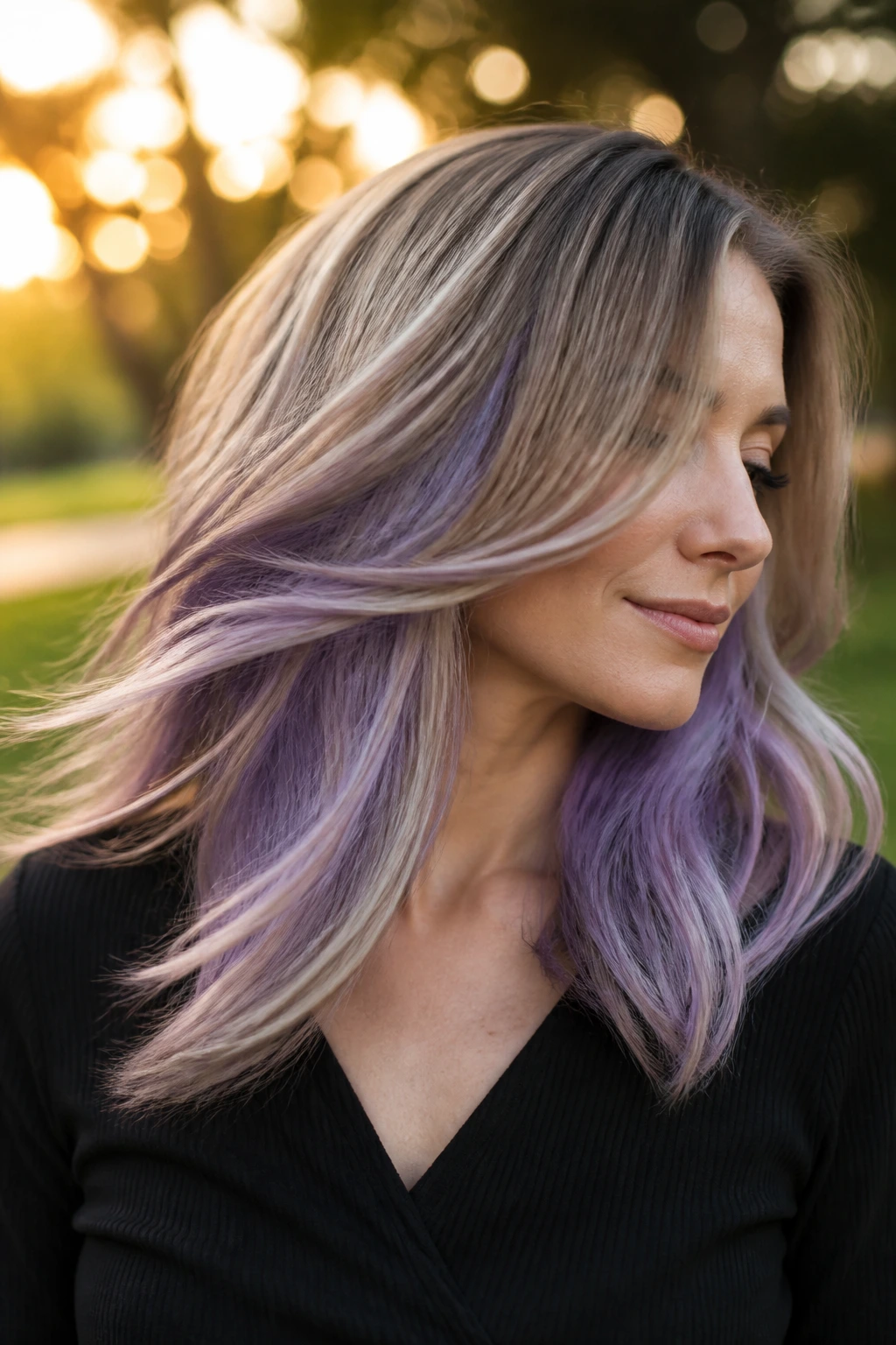 Portrait of a person with hidden lavender peekaboo under top hair layer