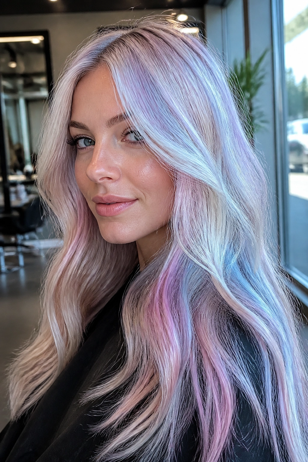 Close-up of a real woman with holographic pastel blonde hair that shifts in light
