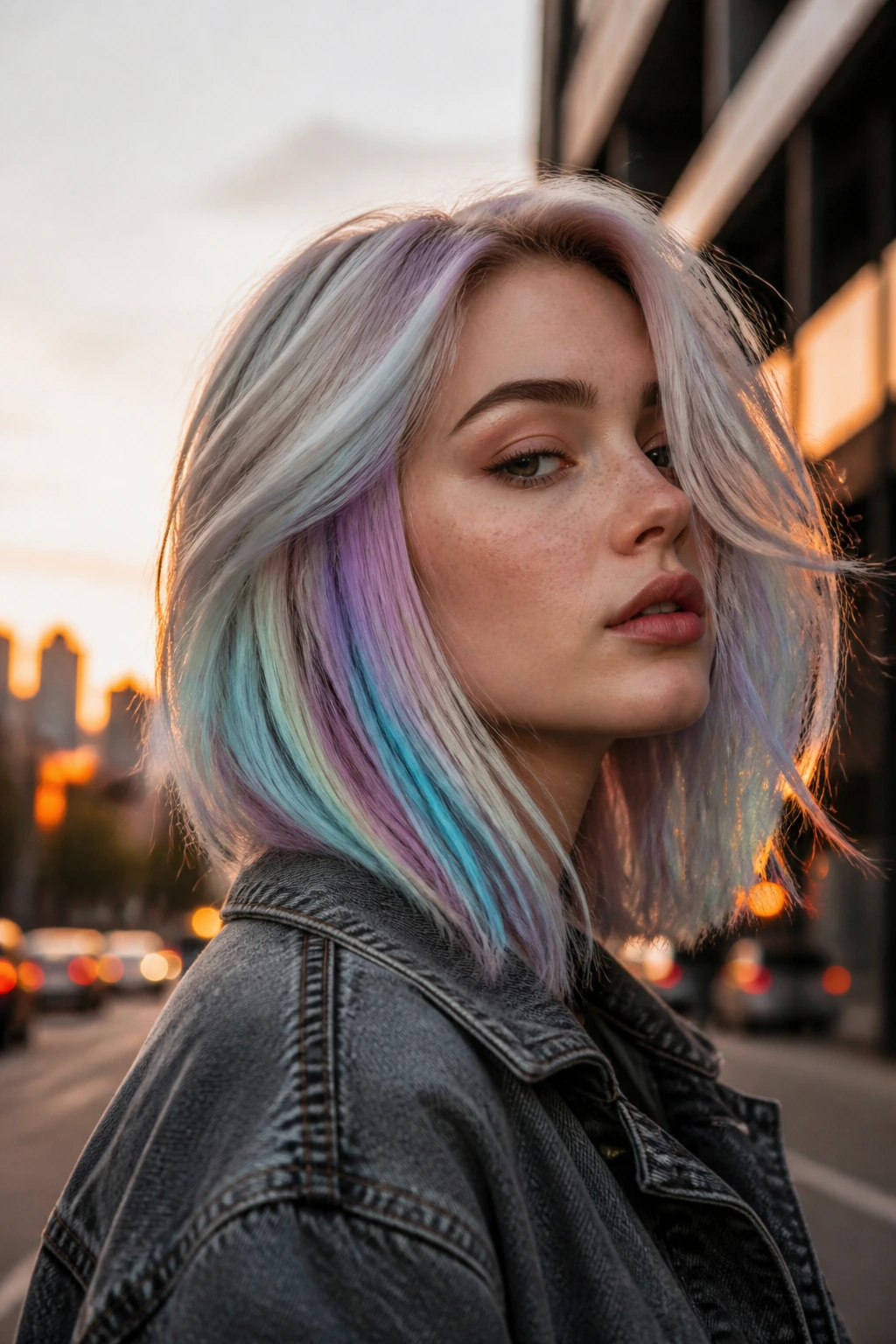 Close-up portrait of a real person with holographic pastel panels in hair