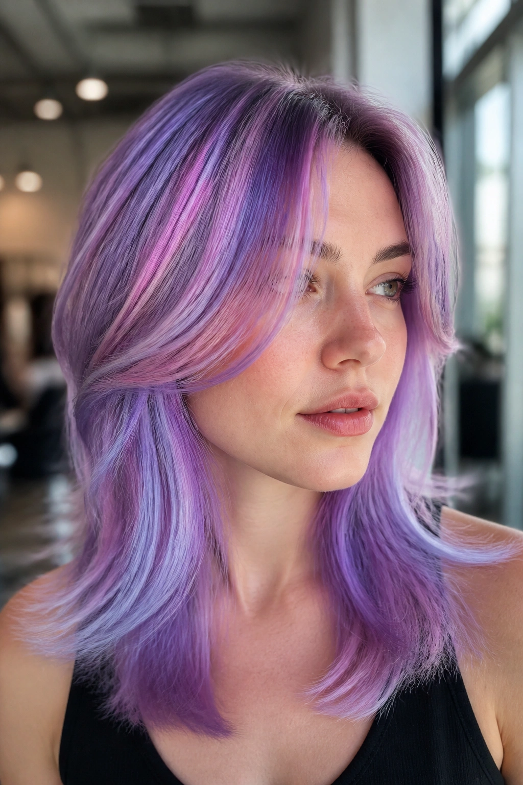 Close-up portrait of a person with holographic pink-lilac hair panels in soft salon daylight