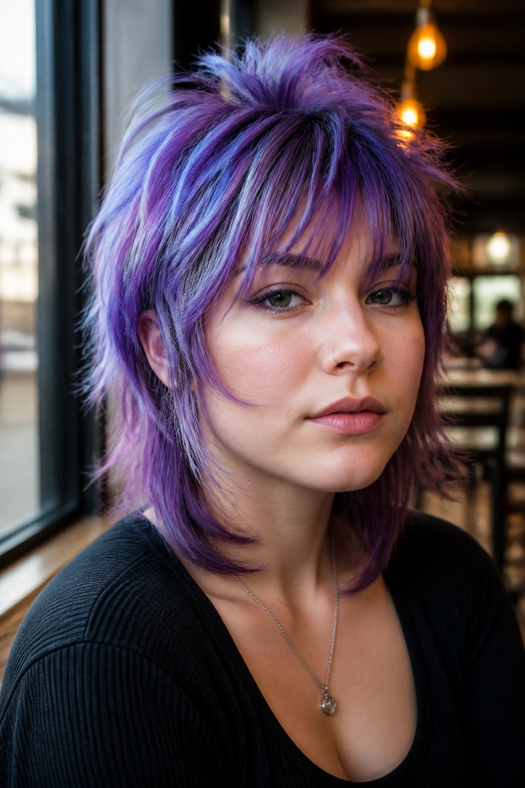 Close-up portrait of a real woman with holographic purple shag hairstyle in a cafe setting