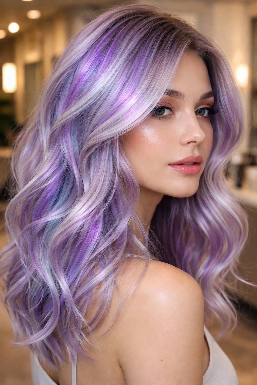Close-up of silver base hair with holographic purple streaks on a real person