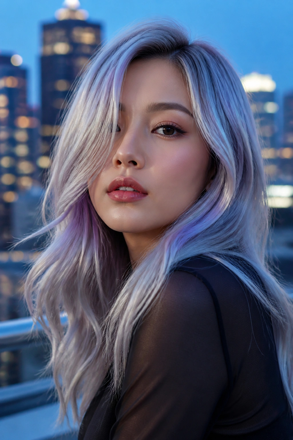 Close-up of a real woman's holographic silver melt hair outdoors at blue hour