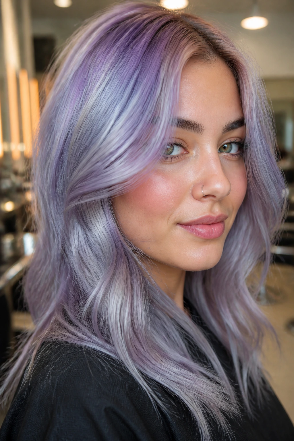 Close-up of a real woman with holographic silver-purple gloss hair reflecting multiple color tones