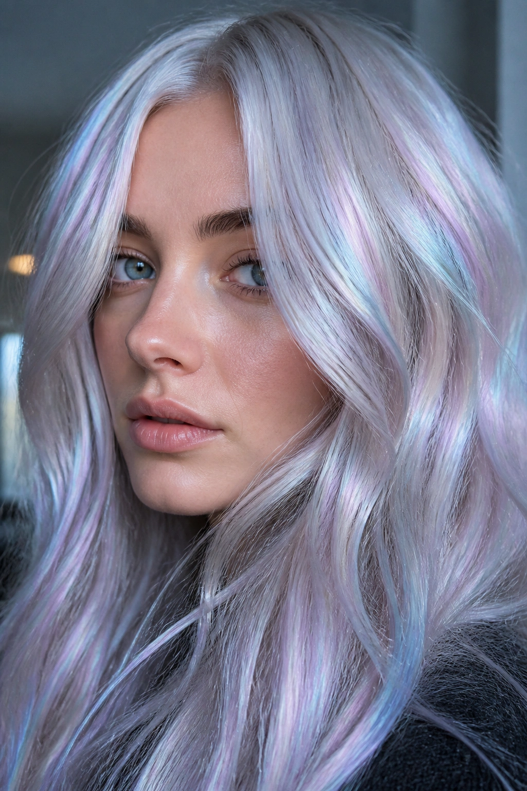 Close-up of holographic silver-white hair with iridescent shimmer