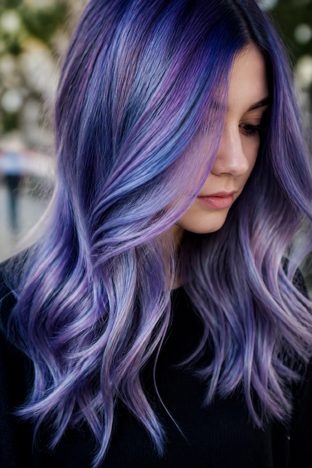 Real person with holographic violet-blue balayage catching light.