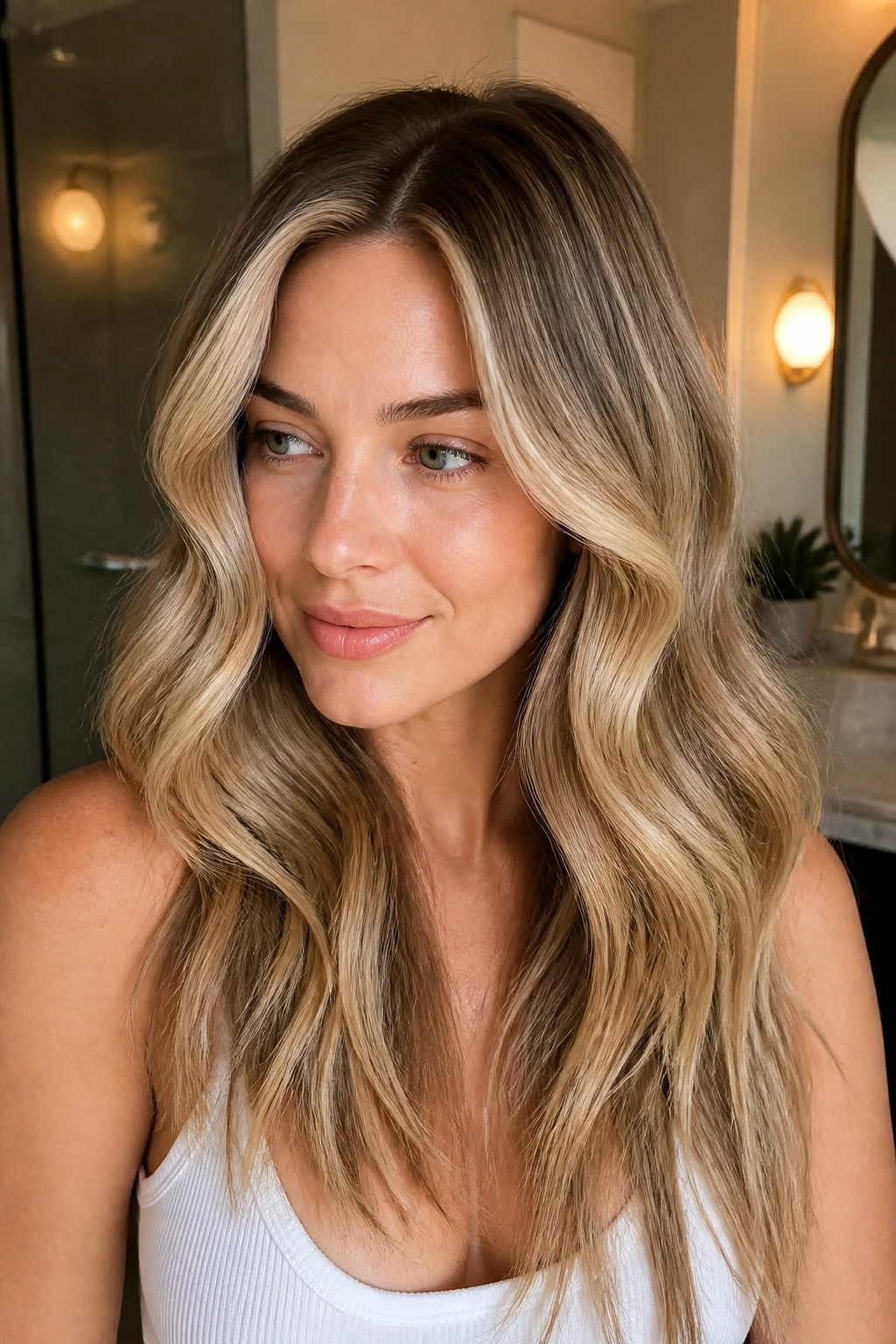 Close-up portrait of honey ash blonde with root shadow on a real woman