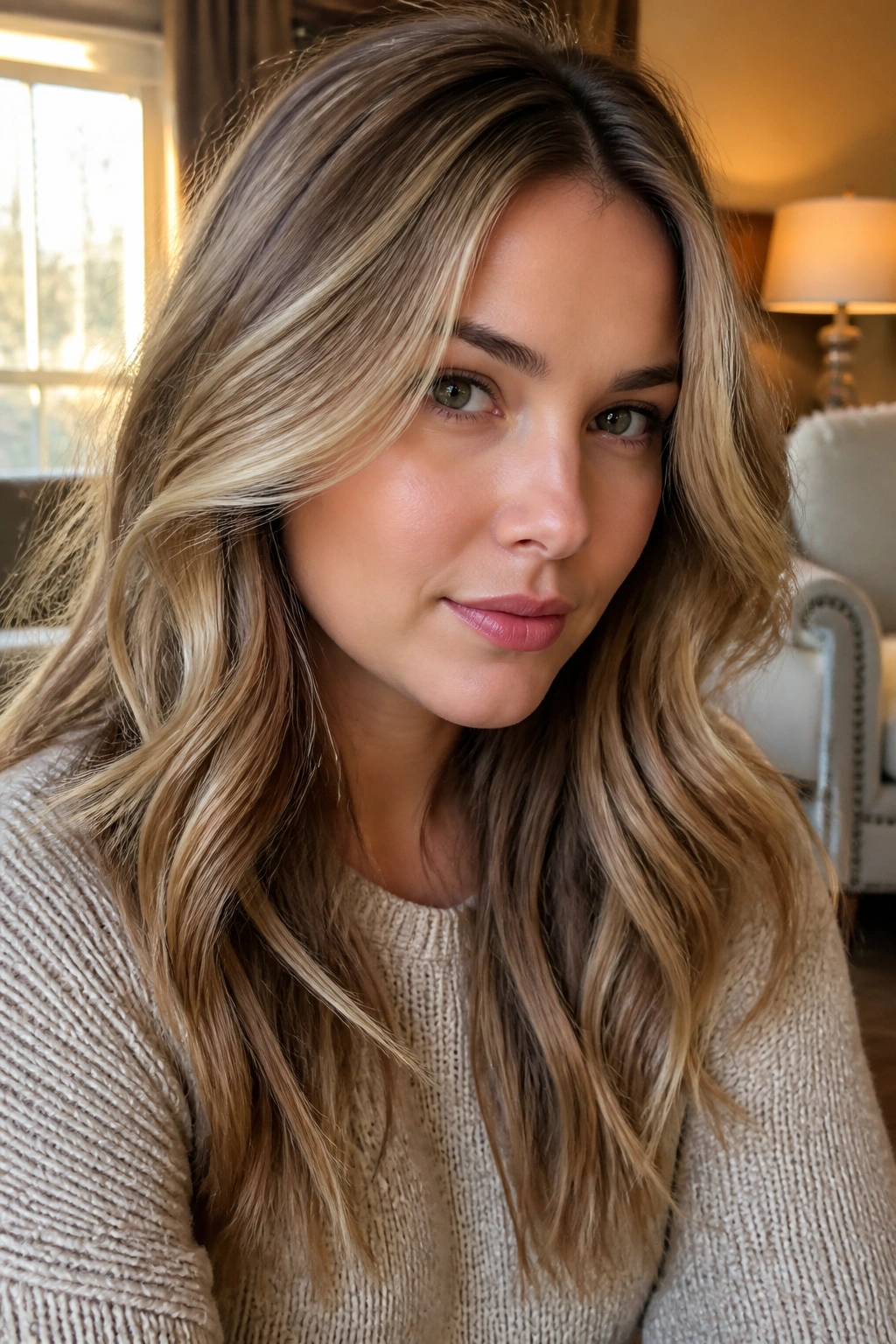 Close-up of hair with honey and ash brown lowlights for depth on a real woman.