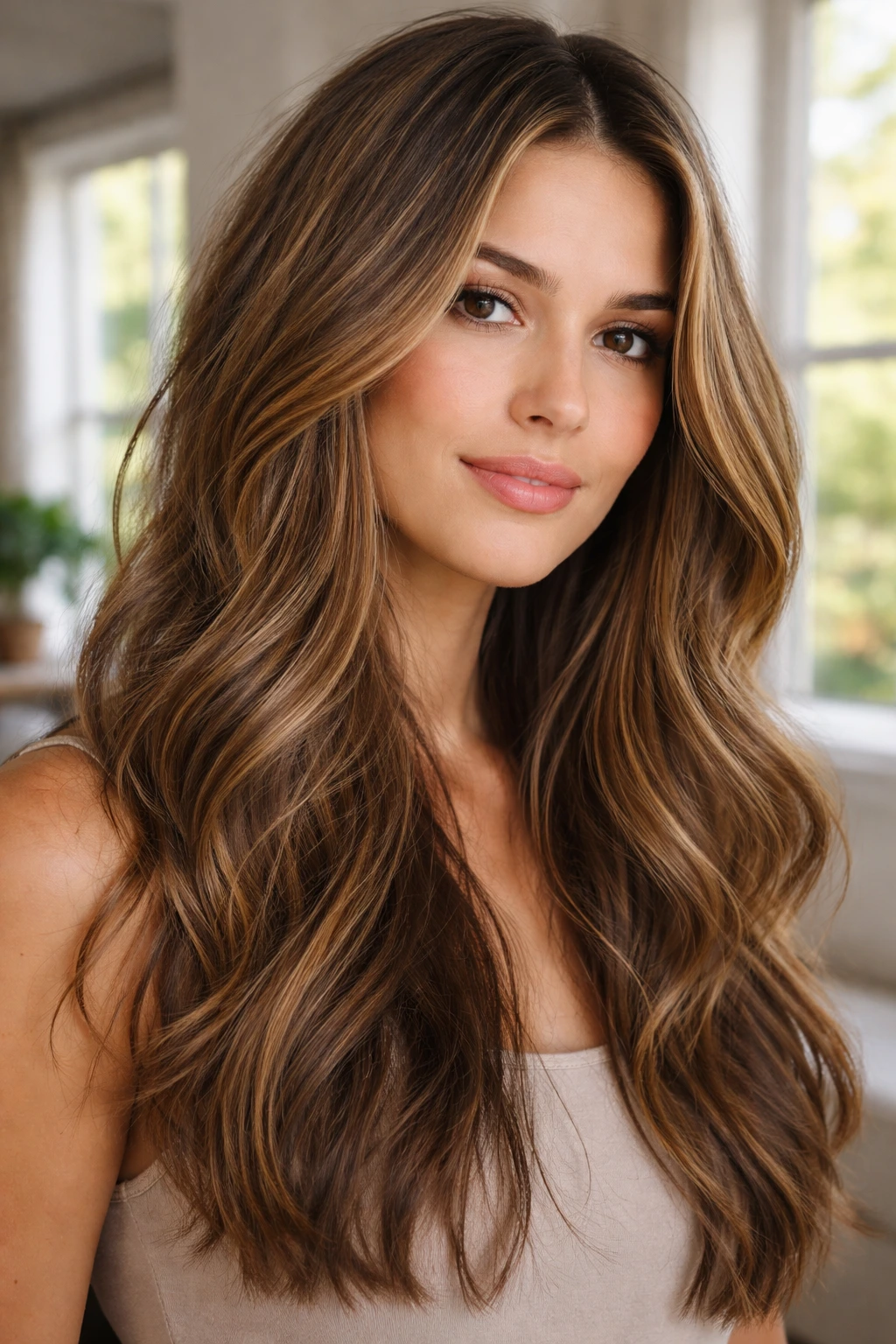 Close-up of hair with ultra-fine honey babylights in a sunlit room