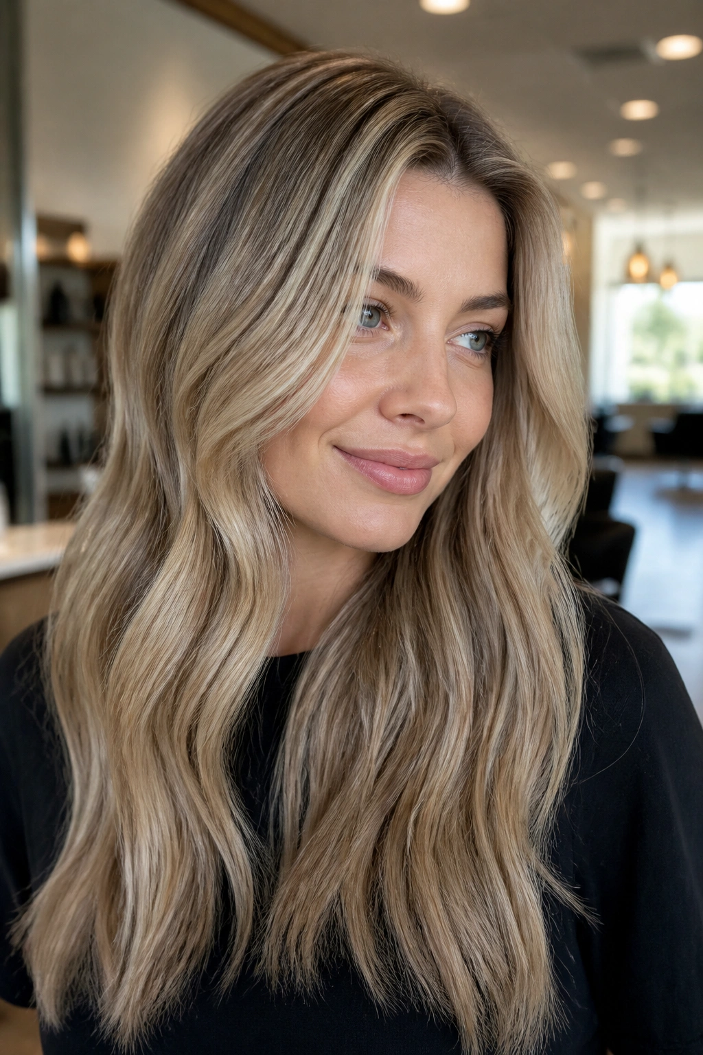 Close-up of honey babylights on a cool blonde base on a real person