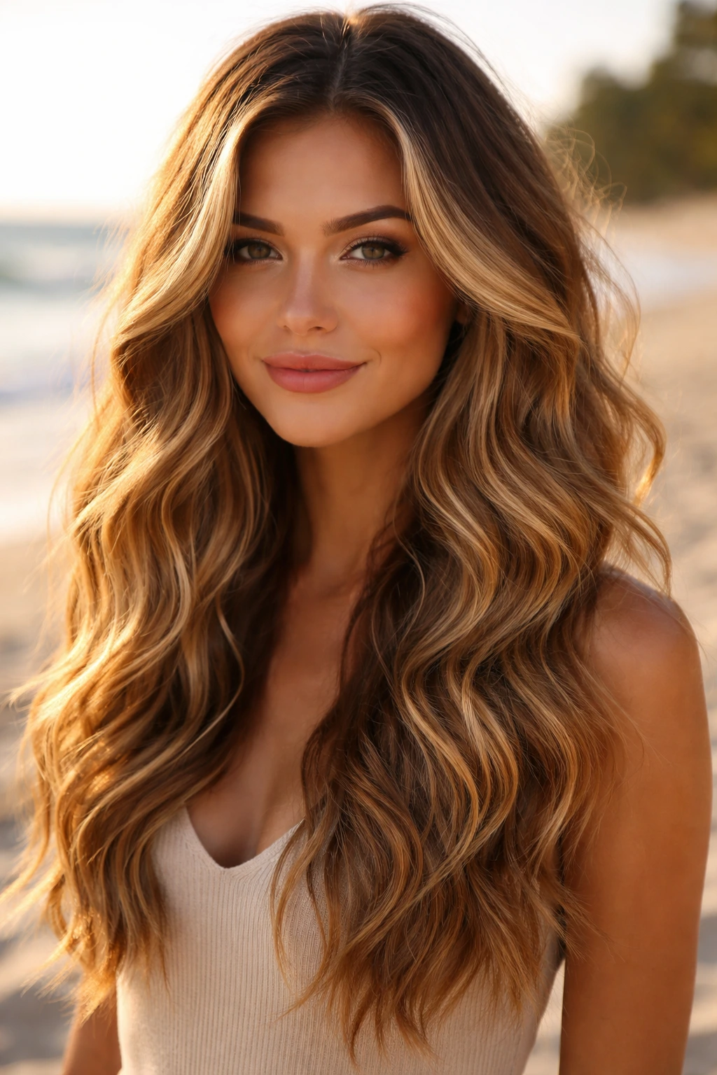 Close-up of a real woman with bright honey balayage and beachy waves in golden hour light