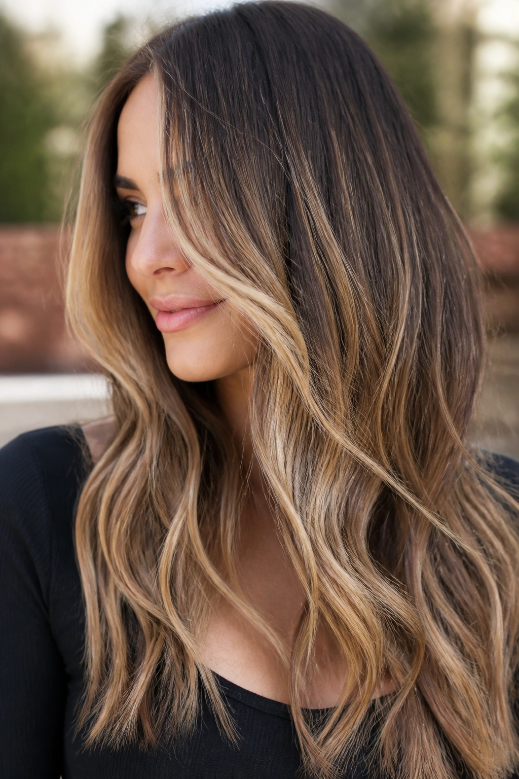 Close-up of brown hair with honey beige-gold balayage transitioning smoothly