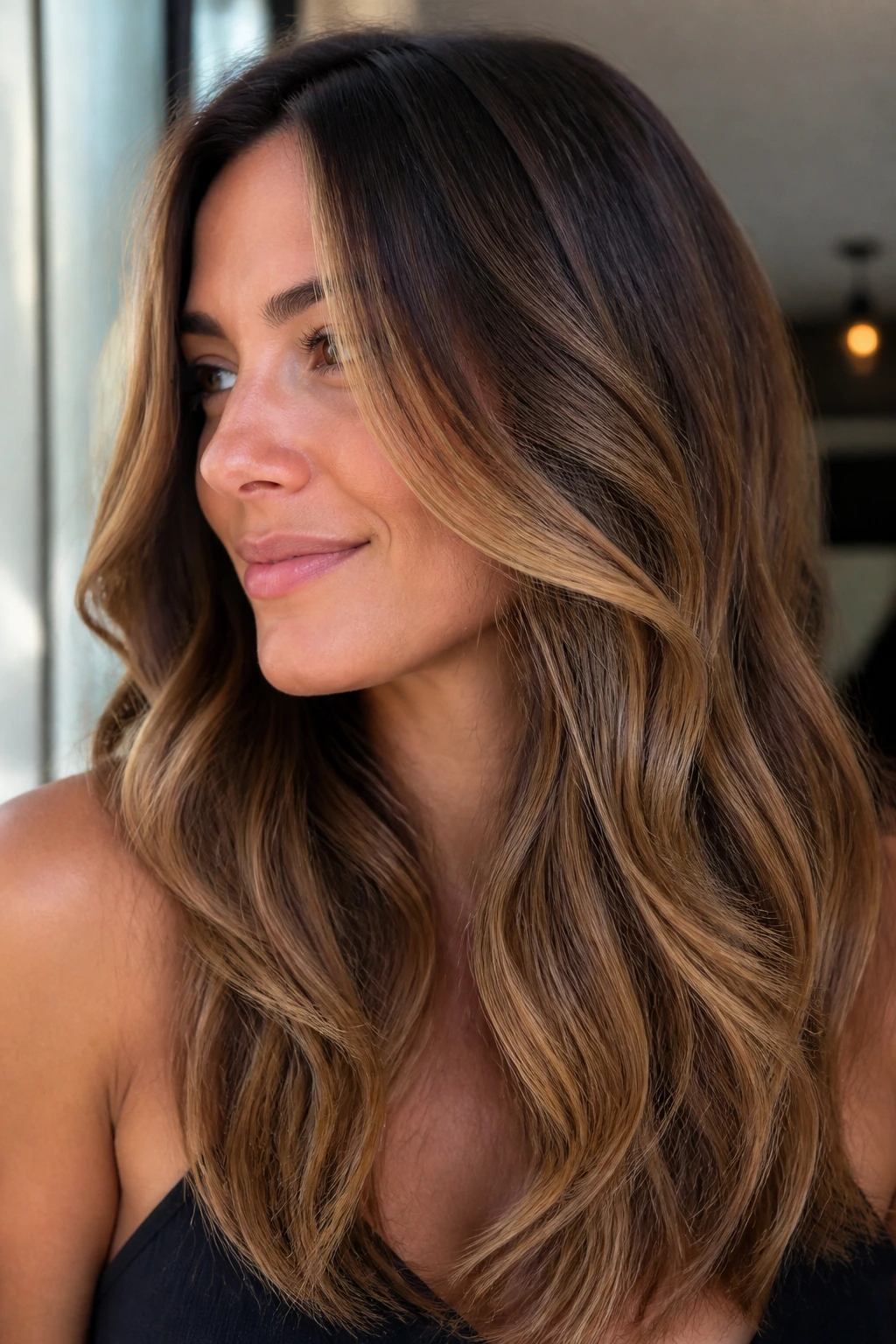 Close-up of medium brunette with honey balayage and face-framing highlights