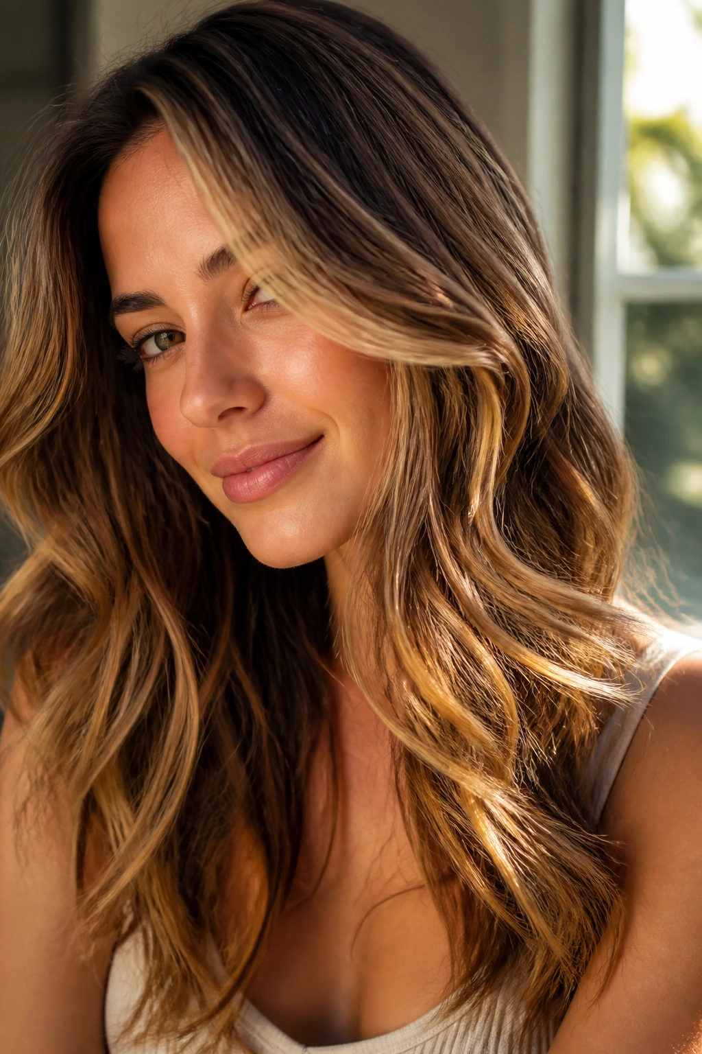 Close-up portrait of a real woman with honey brown balayage for sun-kissed warmth.