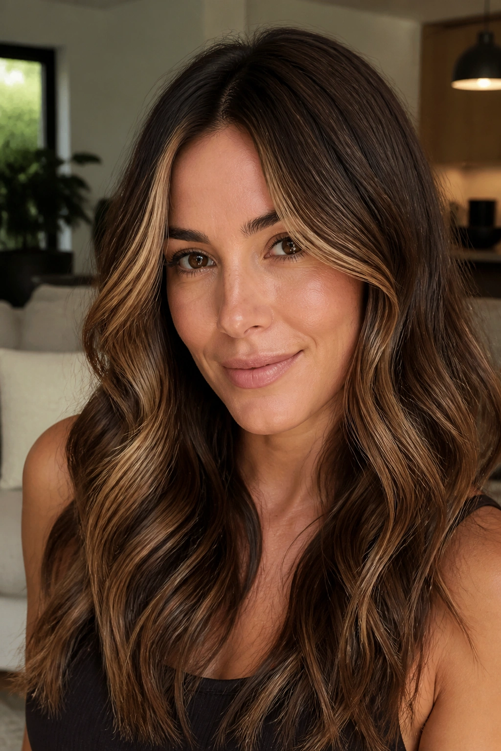 Close-up portrait of a real woman with chestnut brown hair featuring honey ribbons around the face.