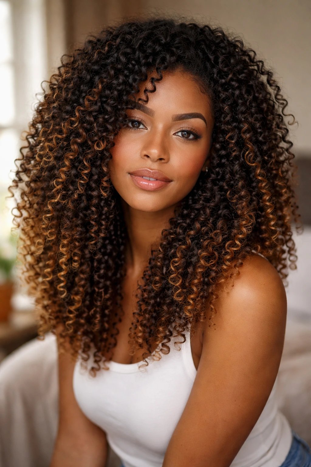 Close-up of a real person with tight coils showing honey balayage on mid-lengths and ends in natural light.