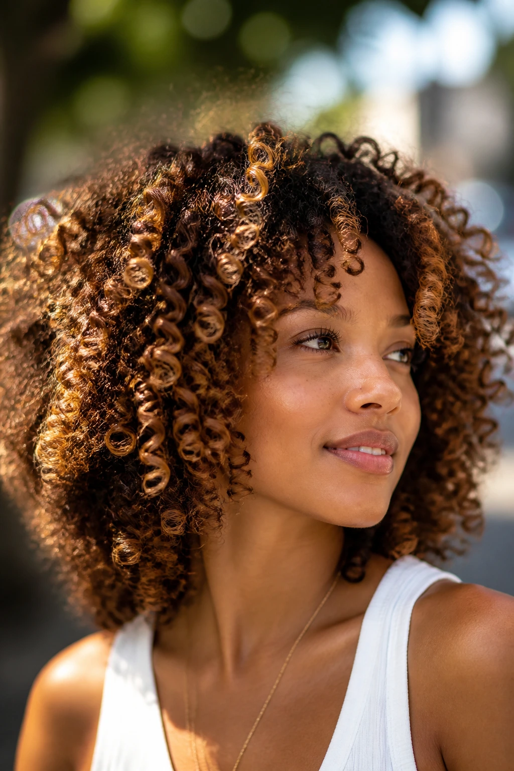 Close-up of a real woman with natural curls and honey balayage in warm sunlight