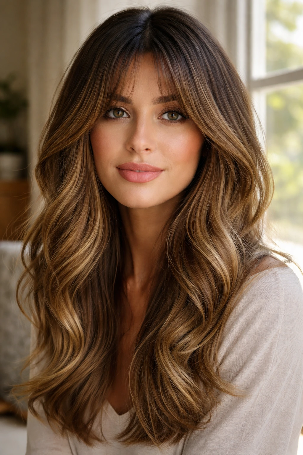Close-up of curtain bangs with honey balayage framing face
