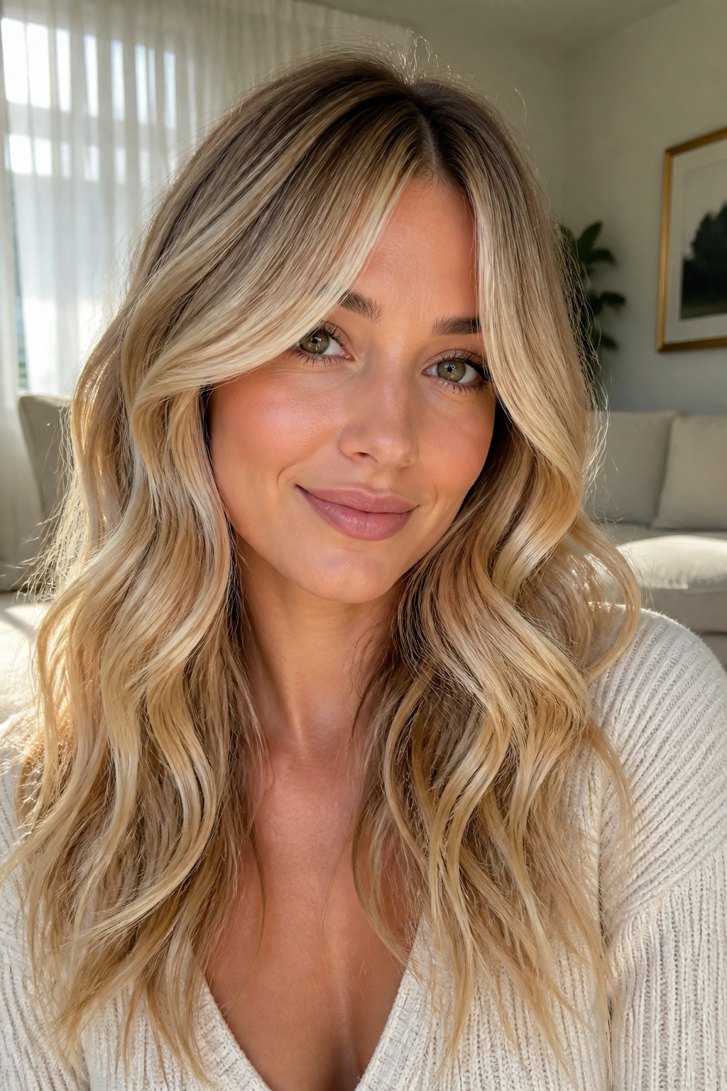 Close-up portrait of a real woman with honey balayage and curtain bangs.