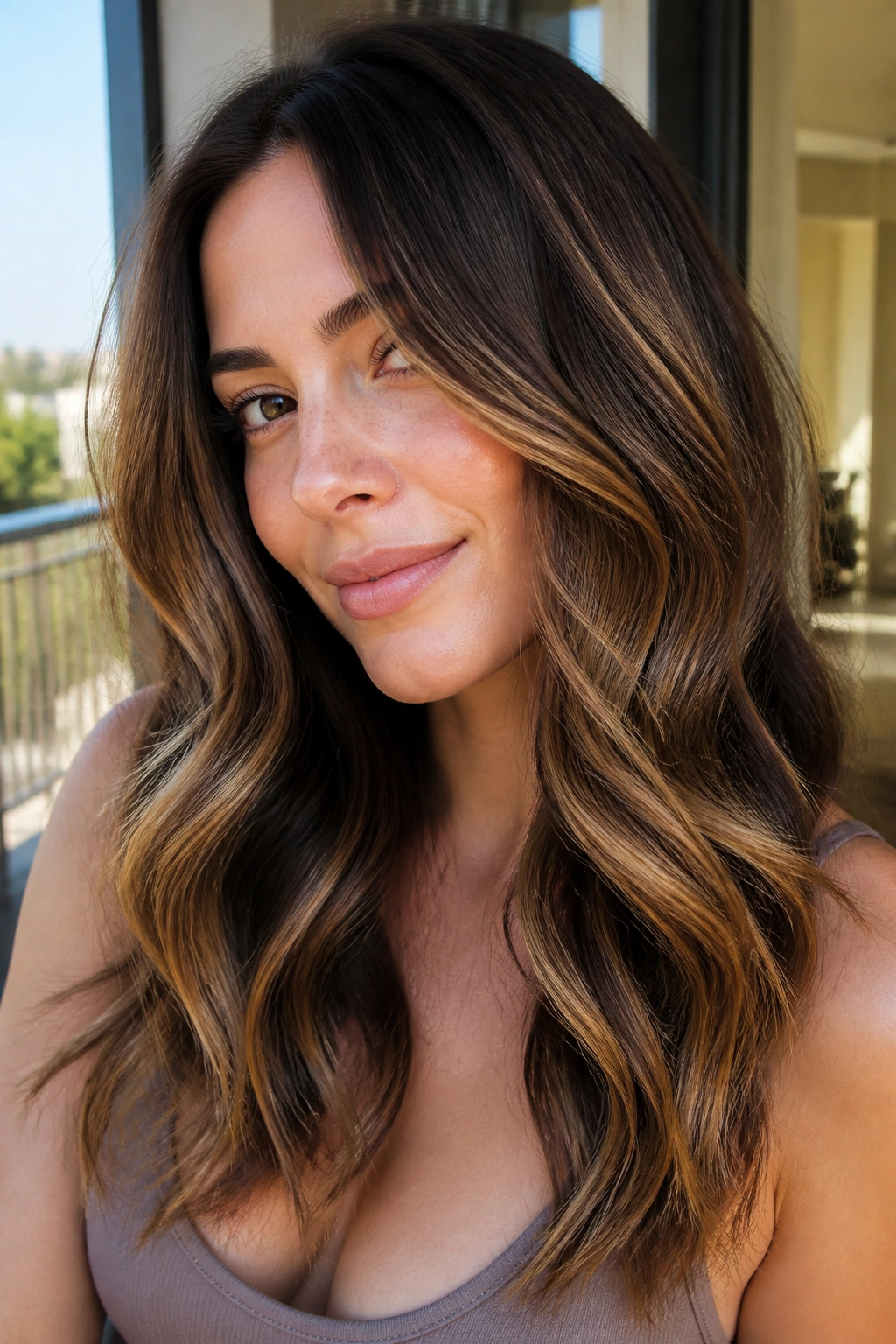 Portrait of a woman with honey-toned balayage on dark brown hair, waves catching sunlight.