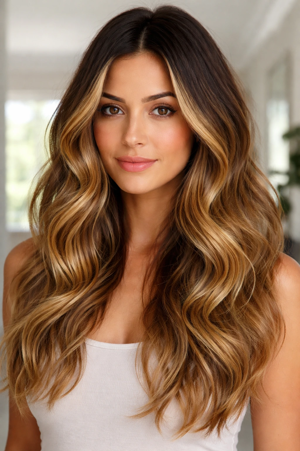 Close-up of real woman showing honey balayage with dark roots visible in natural light