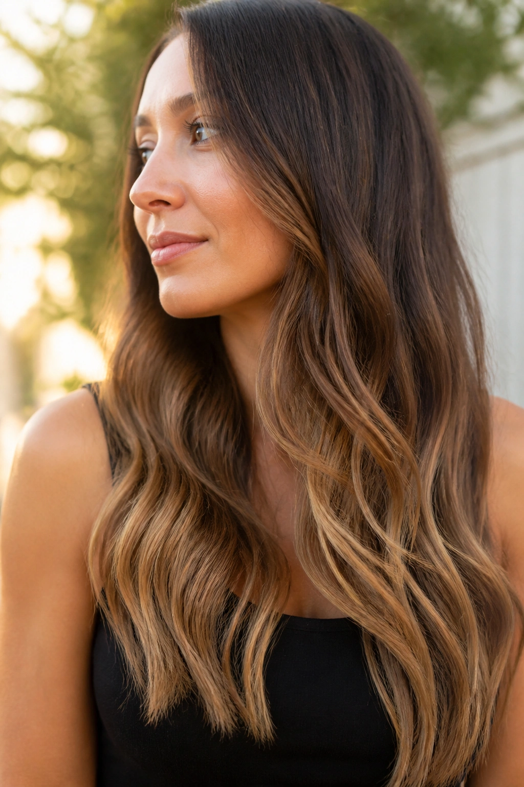 Close-up of long brown hair with honey balayage through the ends.