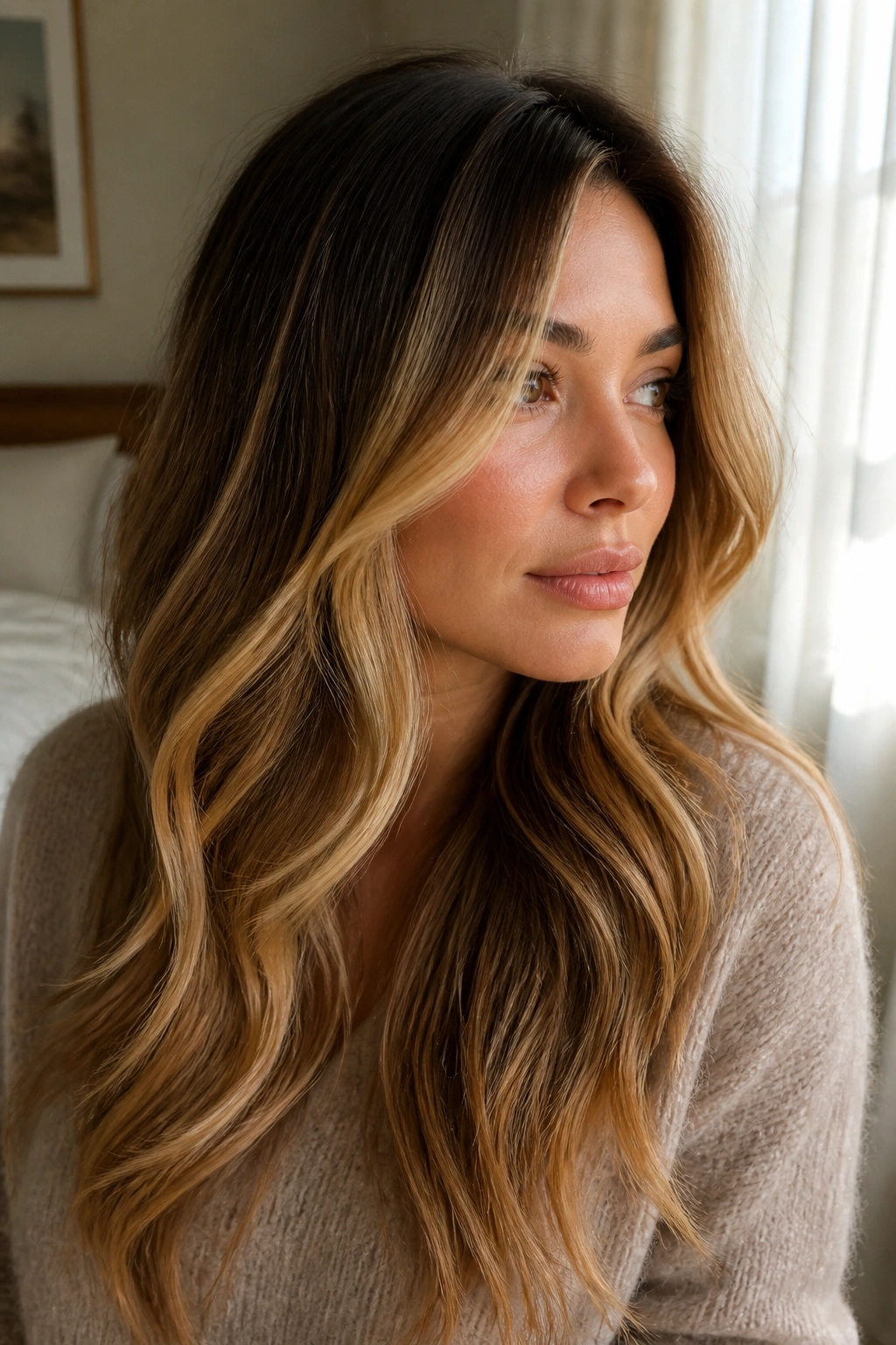 Close-up portrait of a woman with long honey balayage and face-framing layers, soft waves in natural window light