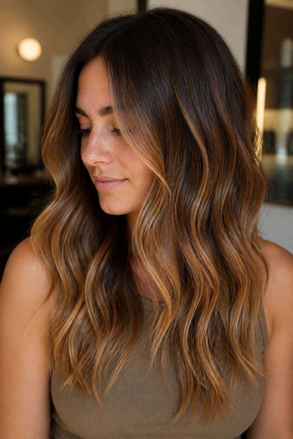 Medium brown hair with honey balayage and soft root melt.