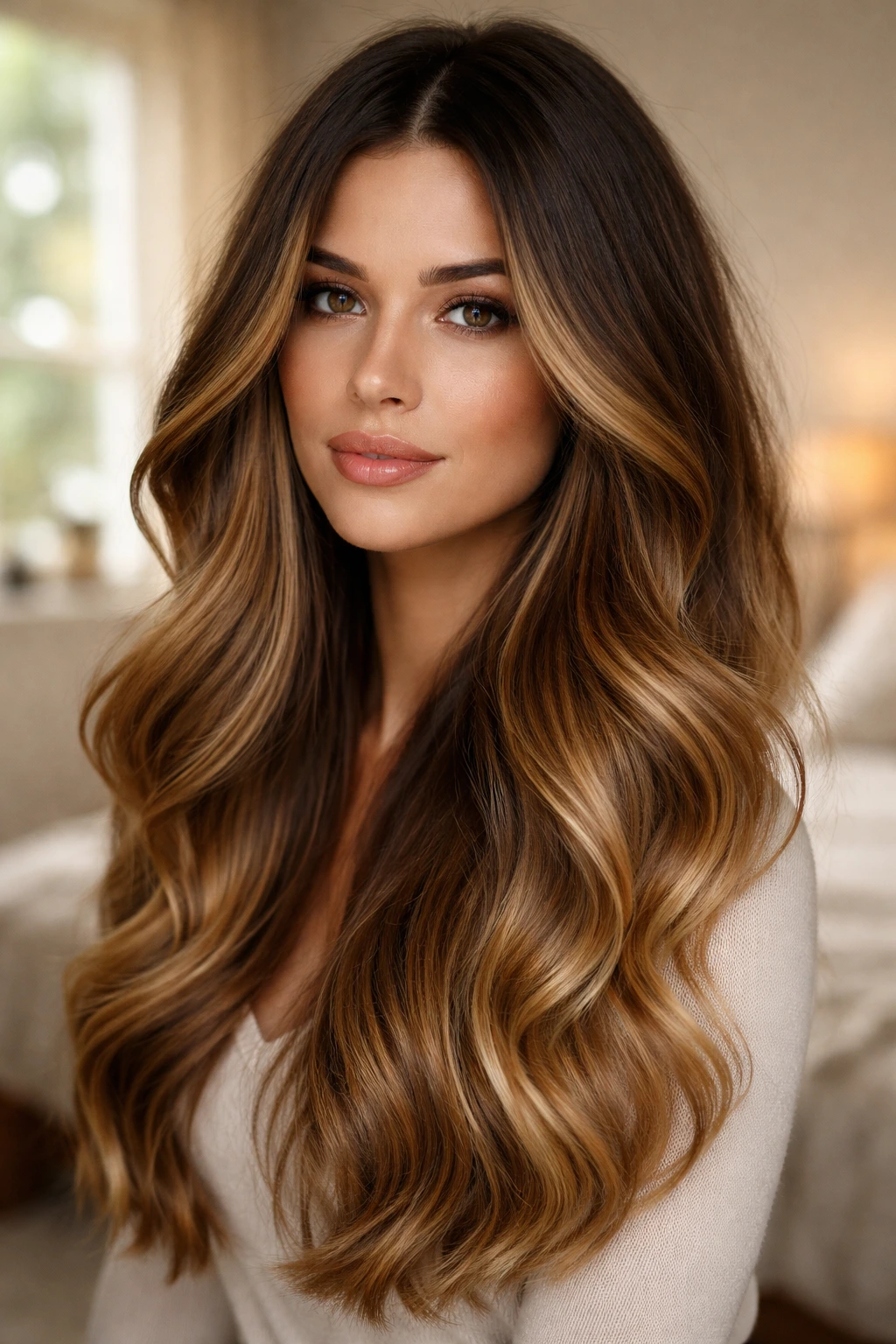 Close-up portrait of a real woman showing a classic warm honey melt balayage from root to ends