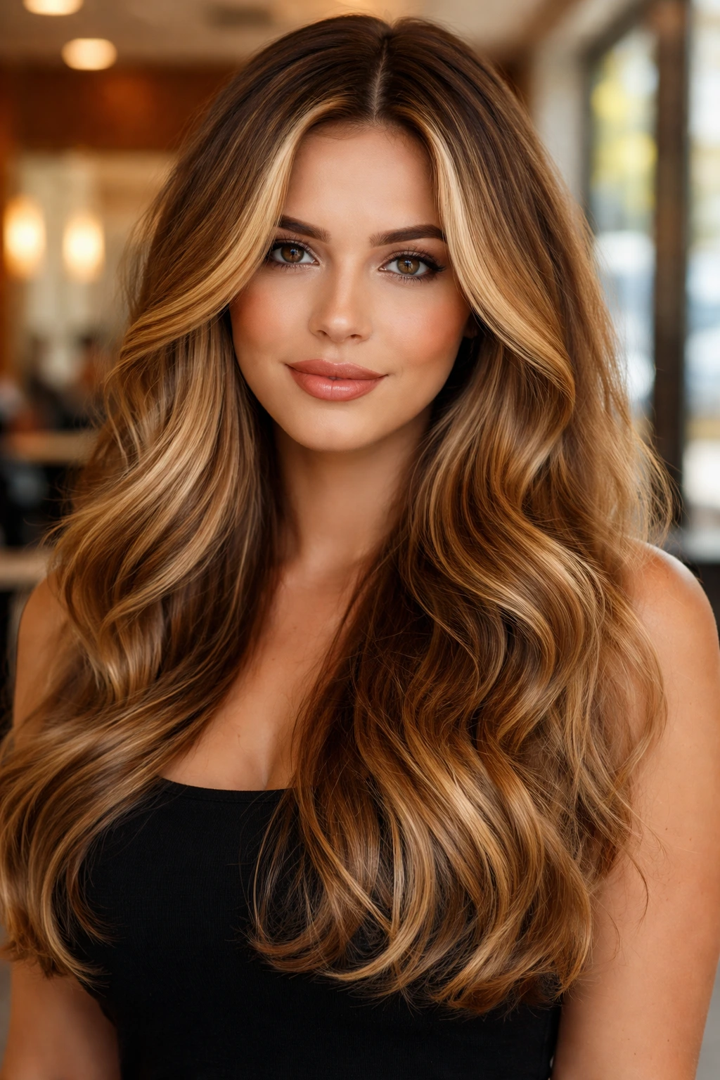 Close-up of a real woman with honey balayage and warm lowlights flattering a round face.