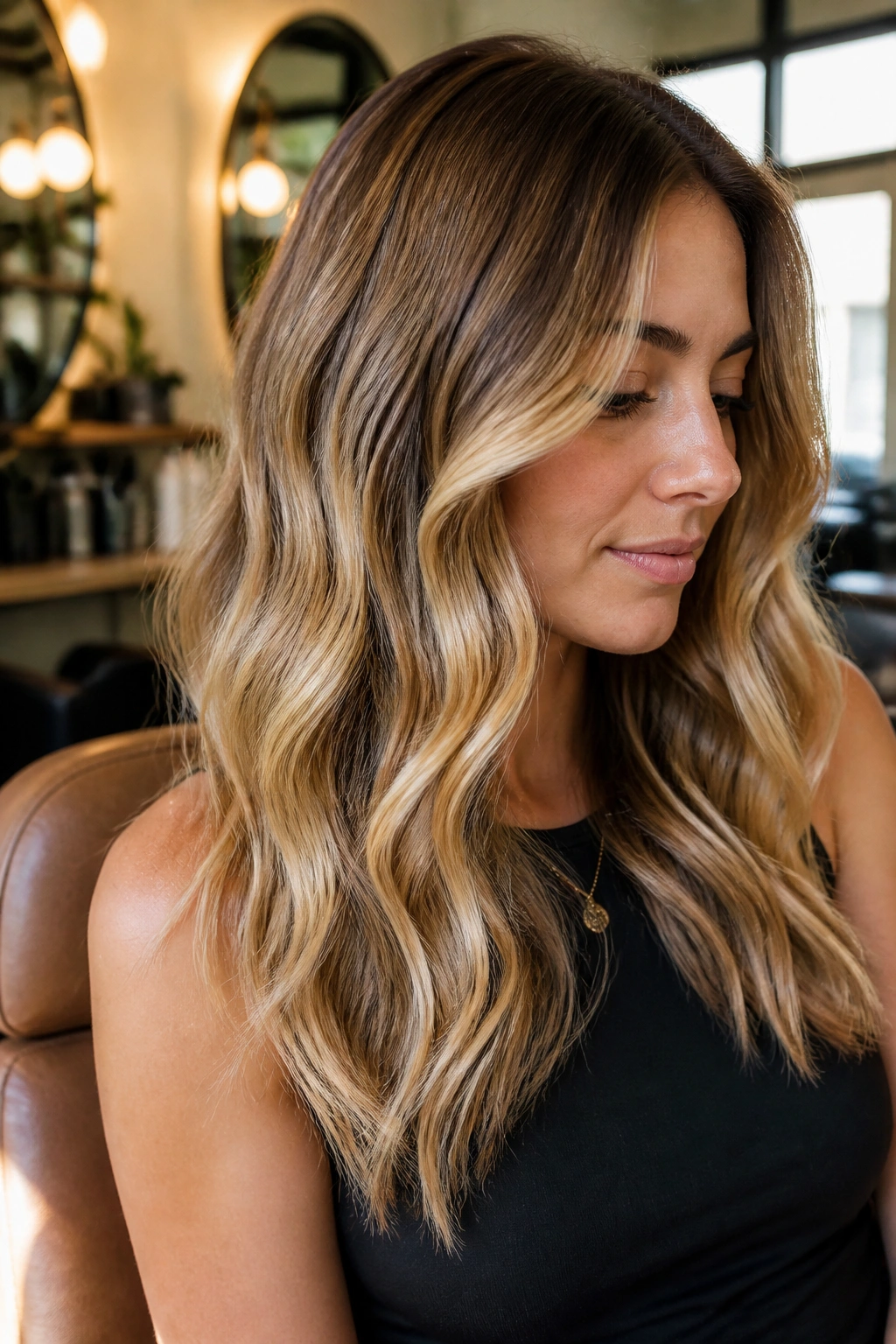 Close-up of a real woman with honey balayage waves in a sunny salon