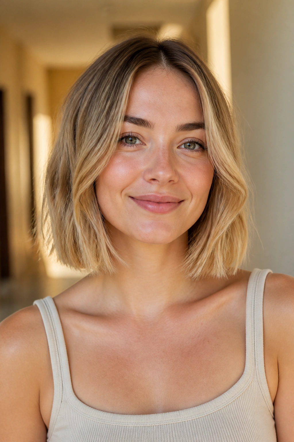 Portrait of a real woman with honey blond blunt lob and soft bend